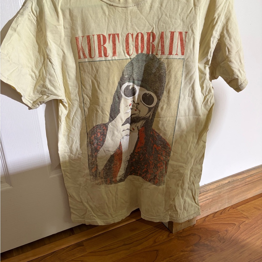 Kurt Cobain Graphic Tee in Light Yellow with Red Print